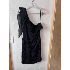 Alice & Olivia Silk Black One Shoulder Ruffle Ruched Sheath Dress Size 4